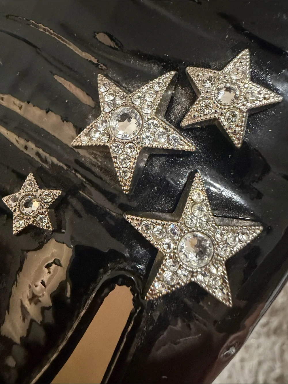 Jimmy Choo Black Patent Loafers with Silver Crystal Stars